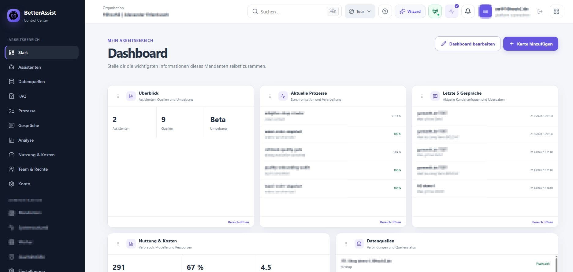 Individuell konfigurierbares BetterAssist V2 Dashboard mit Assistenten, Quellen, Prozessen und Gesprächen